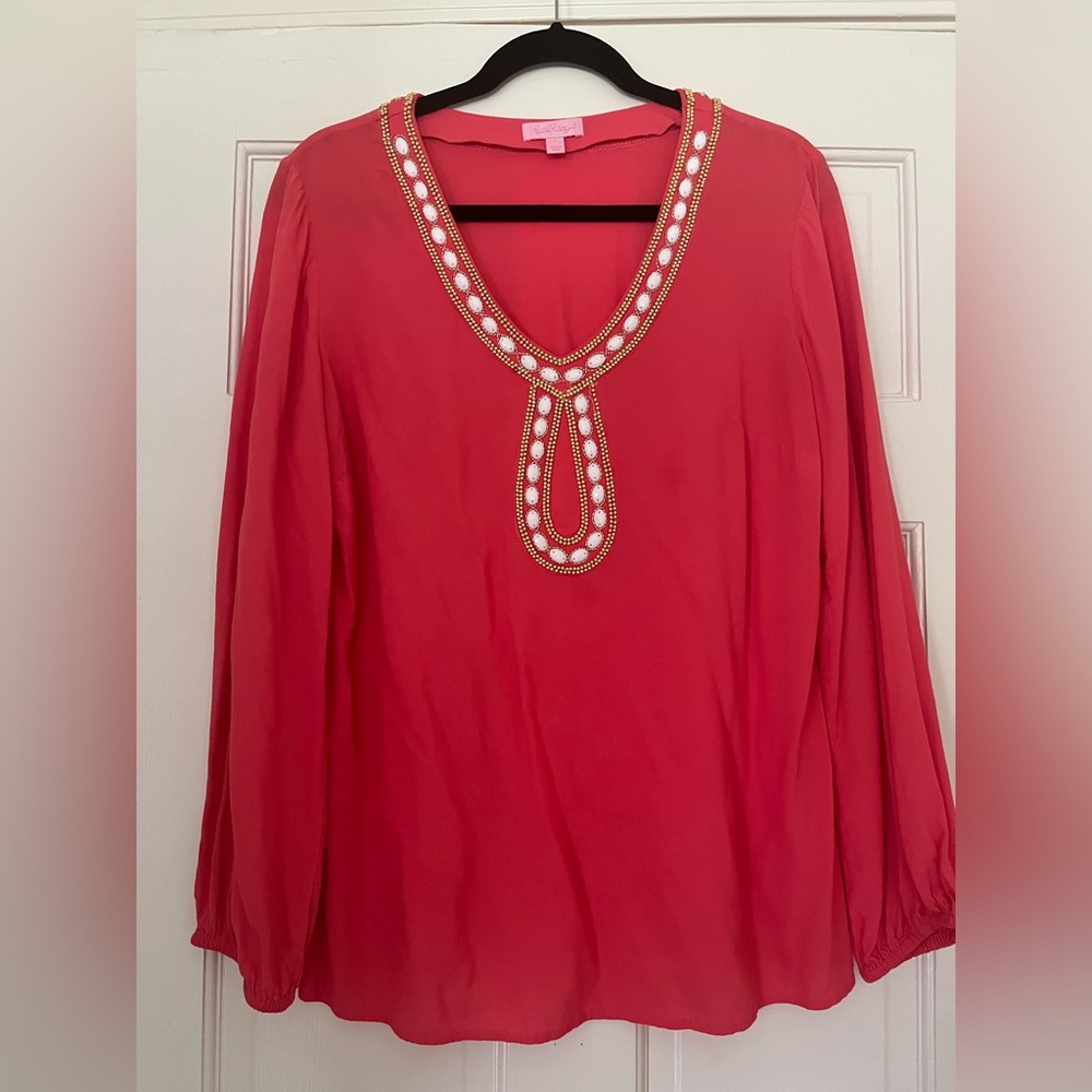 Lilly Pulitzer Beaded Coral Tunic Size large - gold and white embellishments